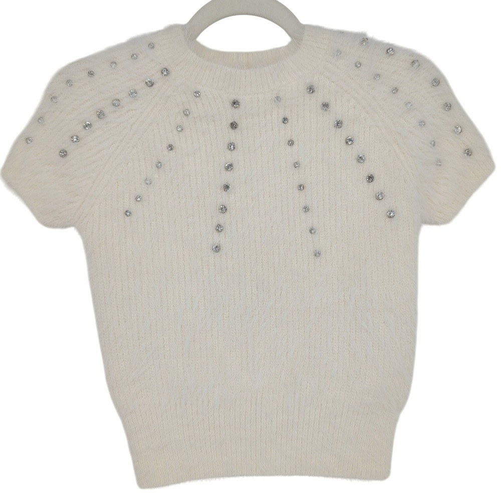 Muse Short Sleeve Fuzzy Crystal Embellished Sweater XS Ivory‎ Coquette 90s Glam - Picture 7 of 14